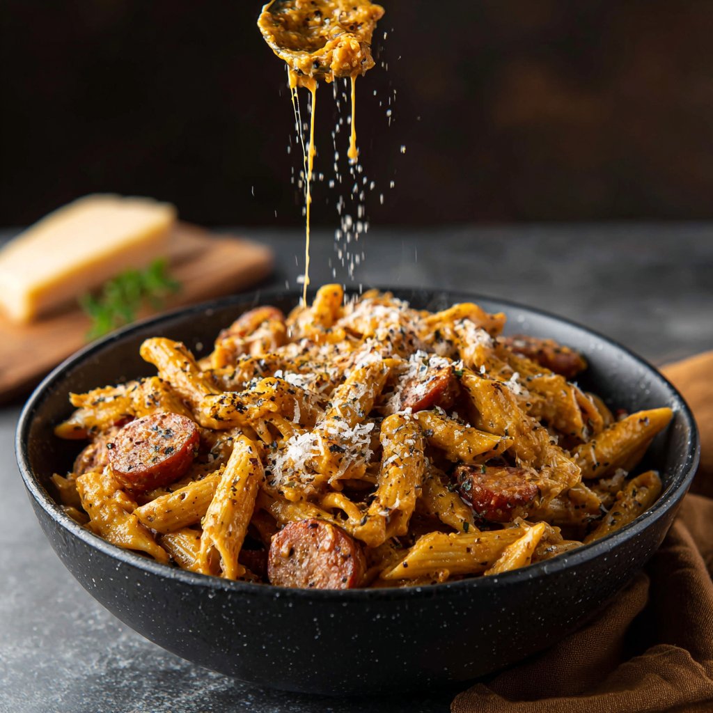 One Pot Extra Cheesy Cajun Sausage Pasta