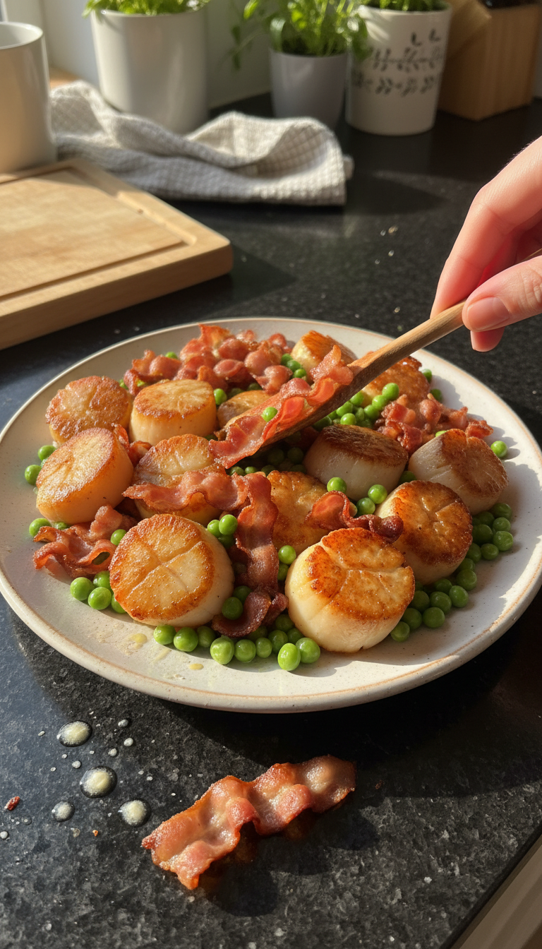 Jakobsmuscheln mit Bacon und Erbsen