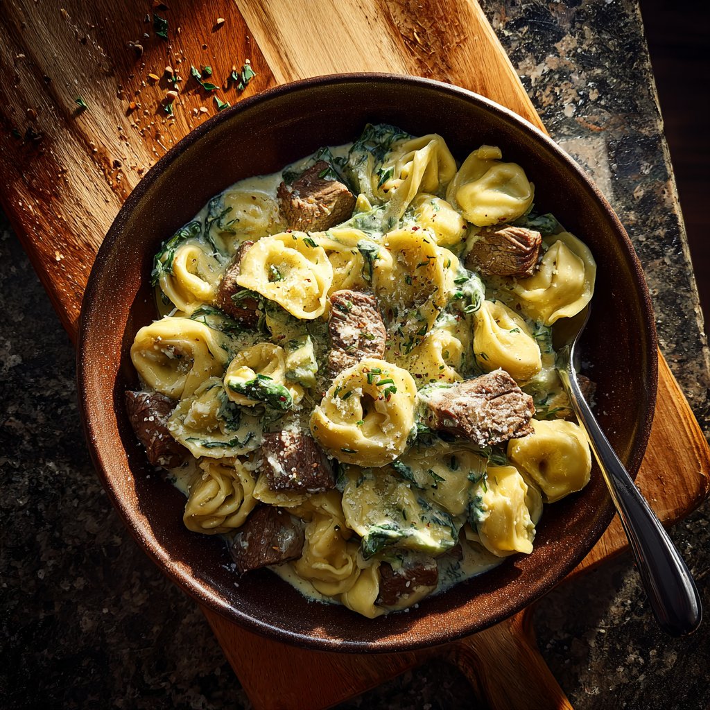 Knoblauch Steak Tortellini mit cremiger Spinat-Artischocken-Soße