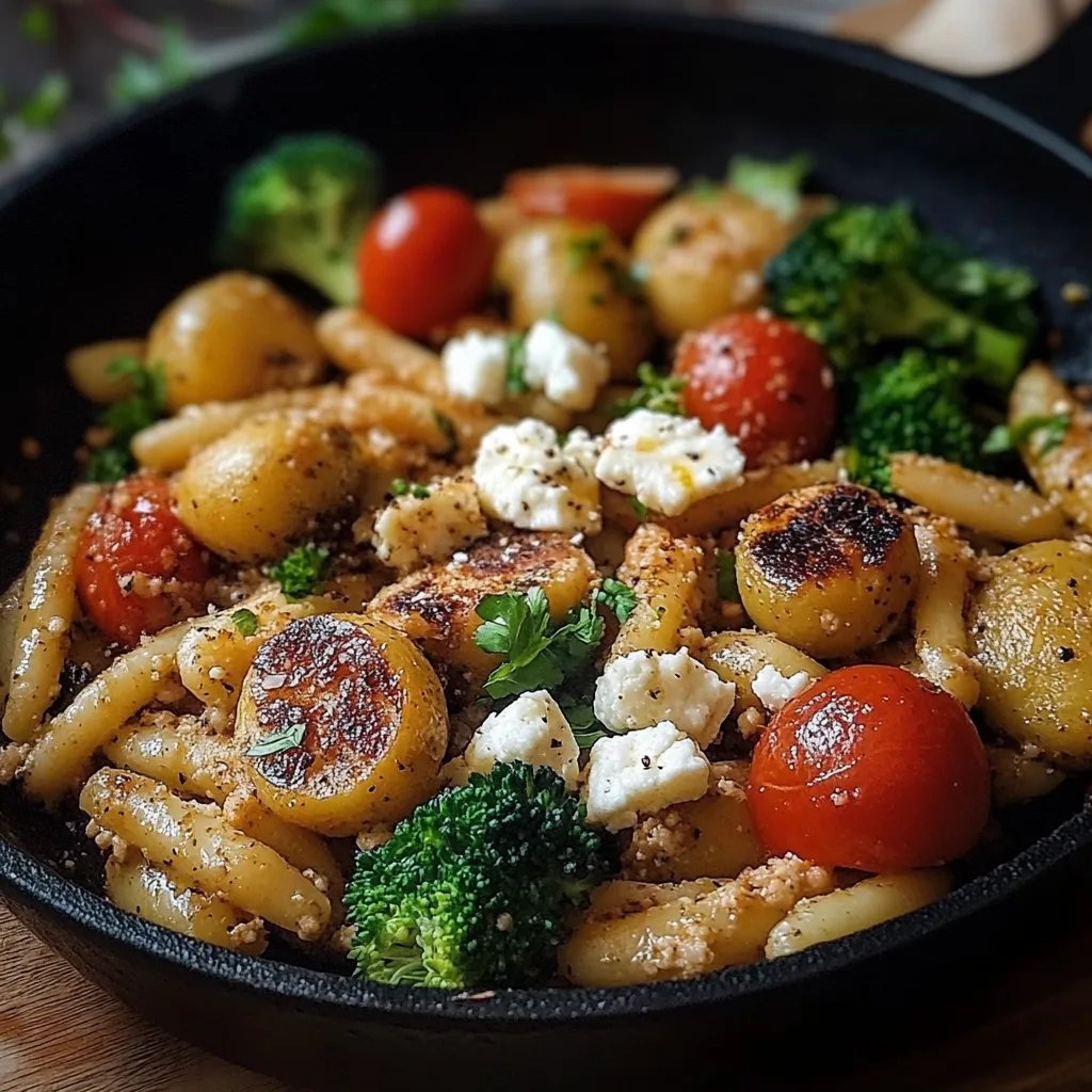 Kartoffelknödel Pfanne mit Brokkoli, Feta und Tomaten